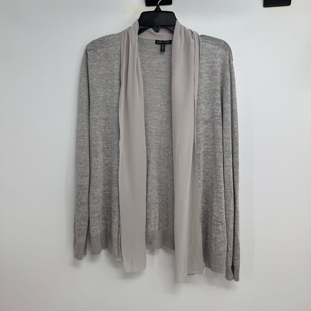 EILEEN FISHER Open Front Cardigan Size M Gray  Linen Viscose Silk